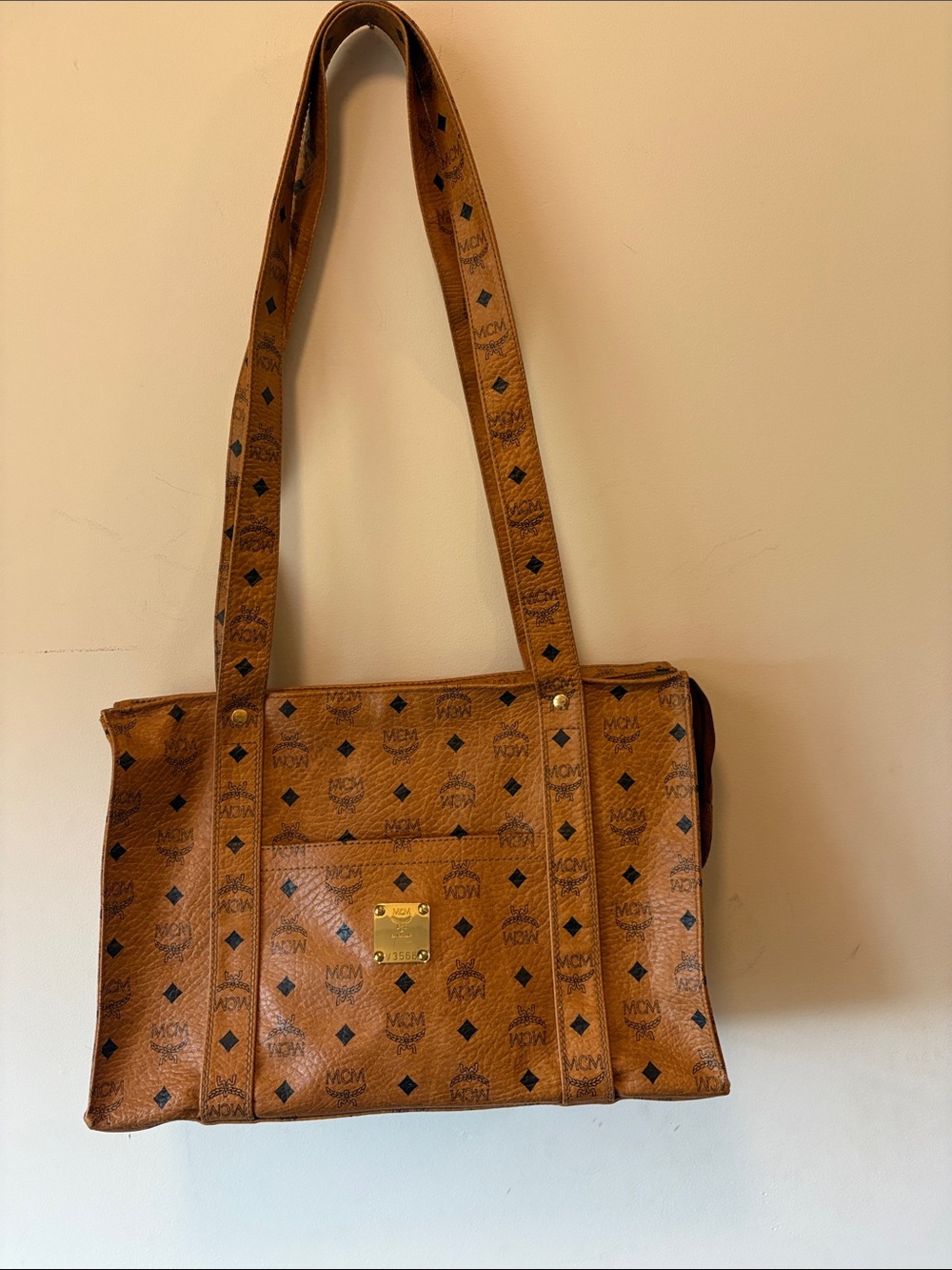 Authentic MCM Cognac Logo Shoulder Tote with Gold